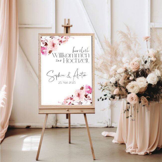 Blumen-Hochzeitsposter Pink DIN A2 hoch