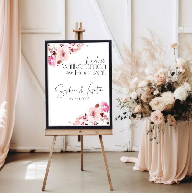 Blumen-Hochzeitsposter Pink DIN A2 hoch