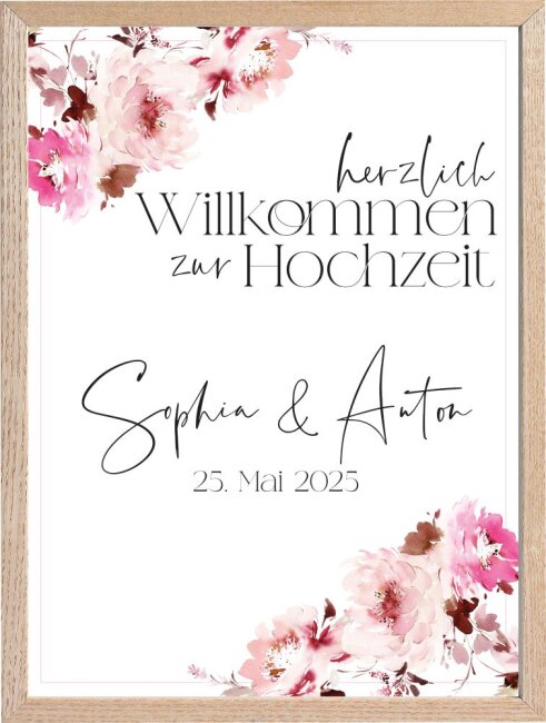 Blumen-Hochzeitsposter Pink DIN A2 hoch