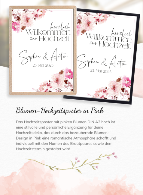 Blumen-Hochzeitsposter Pink DIN A2 hoch