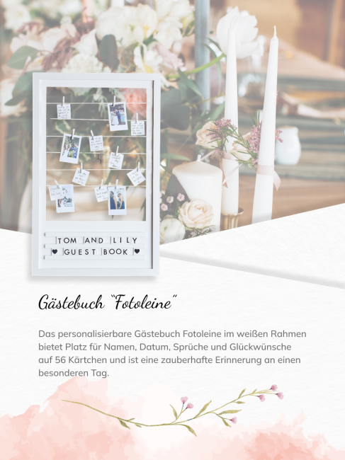 G&auml;stebuch Fotoleine mit Rahmen weiss personalisierbar