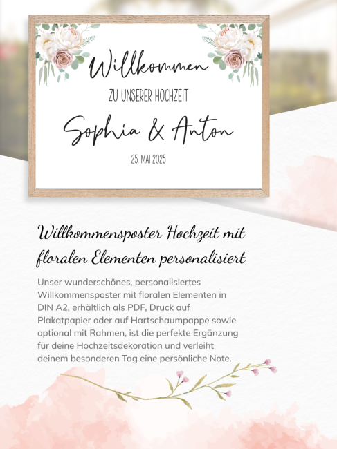 Willkommensposter Hochzeit mit Floralen Elementen DIN A2, personalisiert