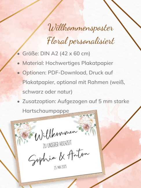 Willkommensposter Hochzeit mit Floralen Elementen DIN A2, personalisiert